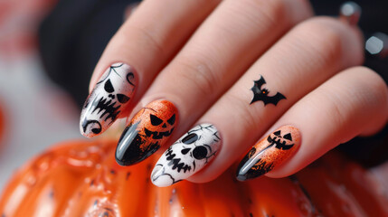 Halloween orange and black manicure with pumpkins, skulls and bats on nails.