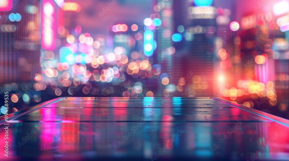 Aufkleber a nighttime cityscape with a blurred background of colorful lights reflecting on a shiny, wet surfac