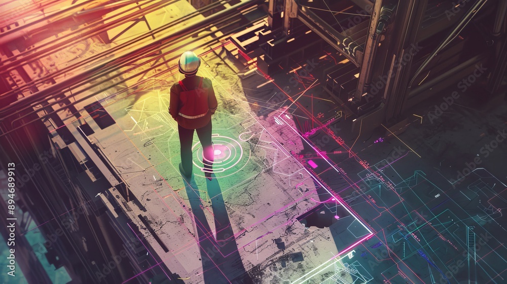 Poster building construction digitalization in the future. architect using virtual reality software creatin