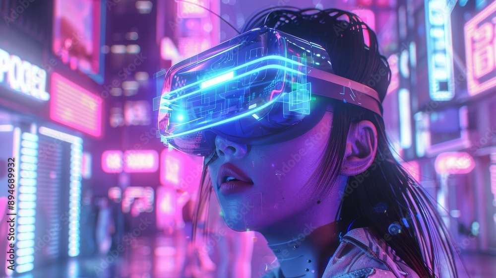 Sticker VR glasses on a woman during a neon night, digital art illustration, Stock