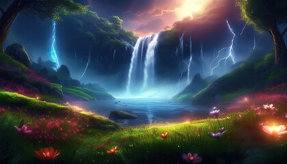 Fototapeta premium Waterfall images, landscape with a waterfall, Masical landscape, fantasy landscape, spring background, waterfall fantasy landscape with a magical atmosphere, trees and featuring lush green grass
