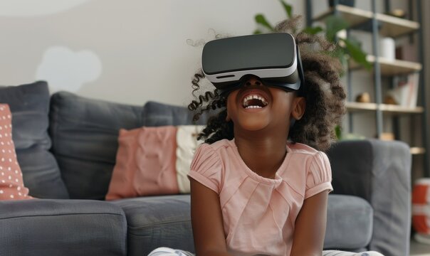 An African girl with vr glasses enjoys virtual reality. A child with vr goggles uses modern technology to enhance his experience.