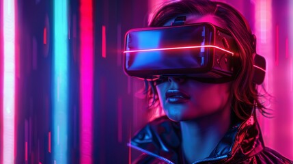 An attractive woman wears headphones and a virtual reality headset in front of a colorful background.