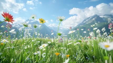 Green mountain meadow scenery with wildflowers, alpine beauty, untouched nature
