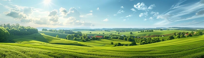 Fototapeta premium Picturesque green rural landscapes with rolling fields and quaint farmhouses, pastoral beauty, countryside living