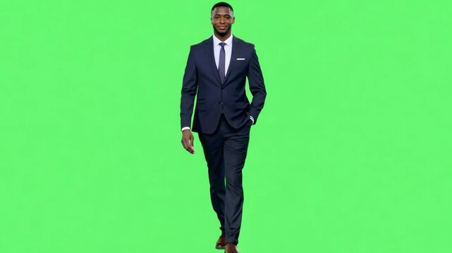 A Handsome businessman black man walks with hands in pocket on green screen.