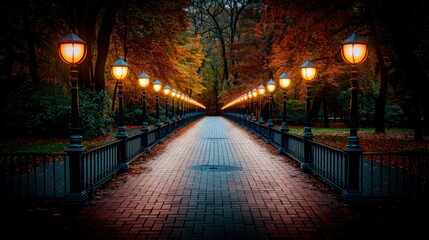 Fototapeta premium A Straight Path On The Street At Night With Lighting, Creating A Sense Of Direction