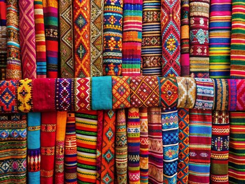 Vibrant Andean textiles unfold as delicate threads weave intricate patterns on a richly colored fabric, showcasing the artisan's precision and cultural heritage.