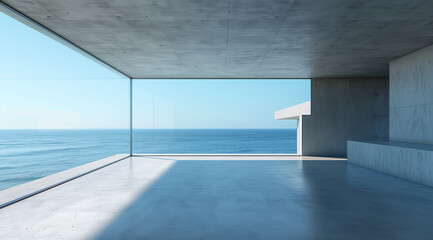 A modern concrete room with large windows overlooking the ocean, no furniture. This scene could symbolize minimalism or clean lines in interior design. The photo is realistic and high resolution.