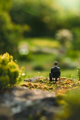 Countryside Retreat. A mini figure businessman taking a break in a countryside retreat, enjoying the fresh air and scenic views. 