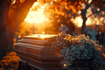A coffin with flowers in the cemetery. Burial ceremony. Funerals Ritual services.