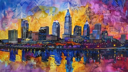 Fototapeta premium Watercolor Cityscape with Reflections