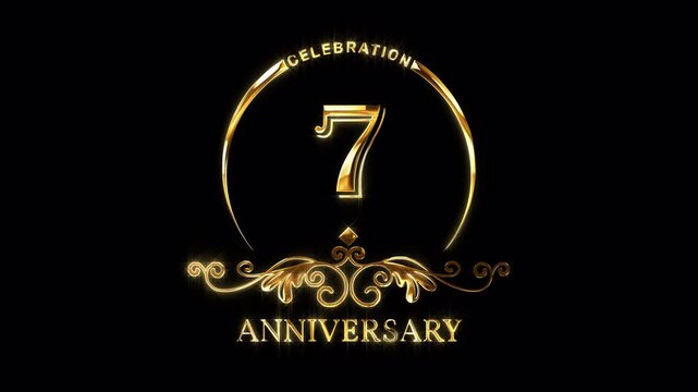 7th Anniversary Celebration. Happy 7 Years Anniversary Animation in Gold Color on the Transparent Background, Alpha Channel. Great for greetings, celebrations, events, and gifts.