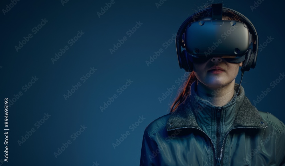 Sticker A young woman uses a virtual reality headset, virtual reality, future technology, learning online, studying, video game concept. Closeup of a young woman wearing a virtual reality headset.