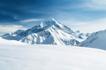 Stunning view of snow-covered mountains under a clear blue sky, showcasing the beauty of winter wilderness.