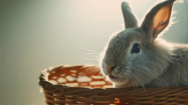 Gentle bunny in wicker basket with soft lighting