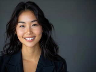 Fototapeta premium A joyful woman smiling with confidence, showcasing natural beauty and elegance in a professional setting. Perfect for lifestyle imagery.