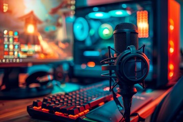 Fototapeta premium A close-up of a microphone. A PC at home launching a shooter game. A VR experience of a FPS.