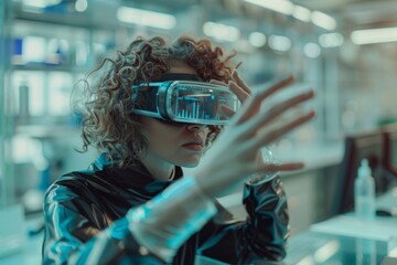 In an office, a businesswoman wearing a virtual reality simulator is sitting with a semiconductor at her desk