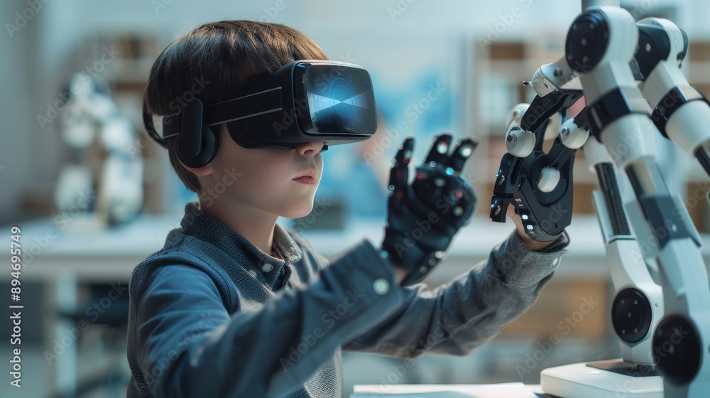 Poster boy wearing a vr headset programs a computer in a computer science class.