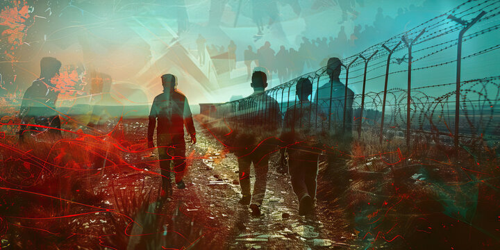 Young migrants men walking along the border