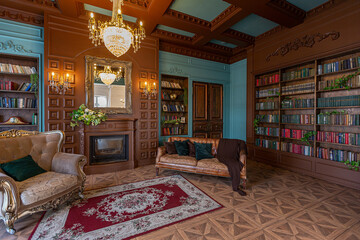 Luxury interior of home library. Sitting room with elegant furniture