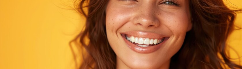 A radiant woman smiles brightly against a vibrant yellow background, exuding warmth and positivity.