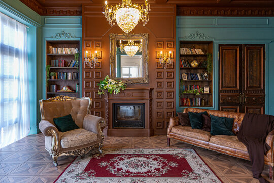 Luxury interior of home library. Sitting room with elegant furniture