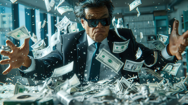Businessman surrounded by flying dollar bills, symbolizing financial success and wealth in a busy office setting.