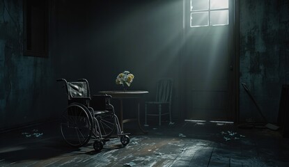 A  Desolate Room with a Wheelchair and a Bouquet of Flowers