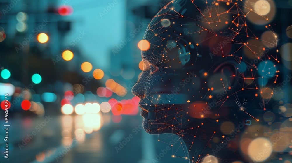 Poster a concept of ai machine learning, in which a robot tries to deep-learn virtual information.