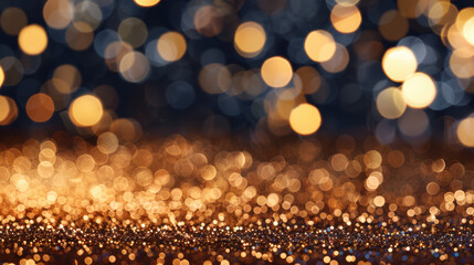 Golden bokeh lights on a dark background create a festive and elegant atmosphere, ideal for celebrations, parties, or holiday-themed designs.