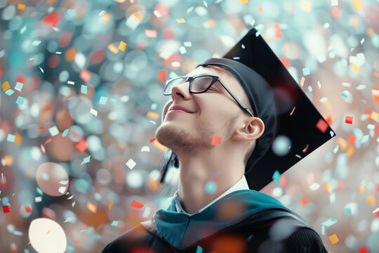 A joyful graduate celebrates achievement with a smile, surrounded by colorful confetti during a graduation ceremony.