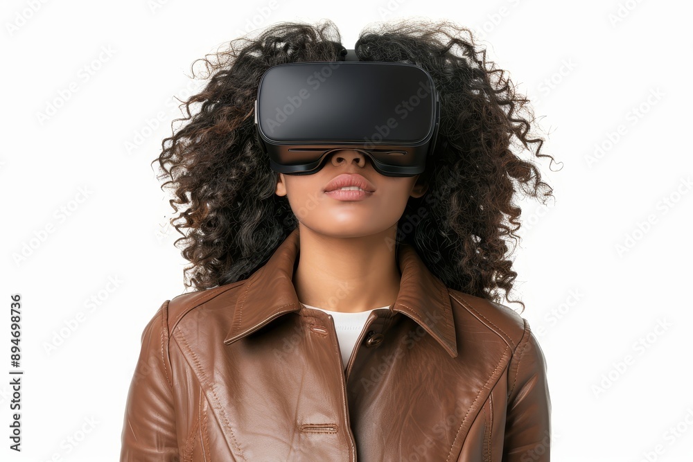 Canvas Prints VR goggles headset worn by a young woman. Connection, technology, new generation, progress concept. Girl touching virtual reality objects in a studio. Stood on gray background.