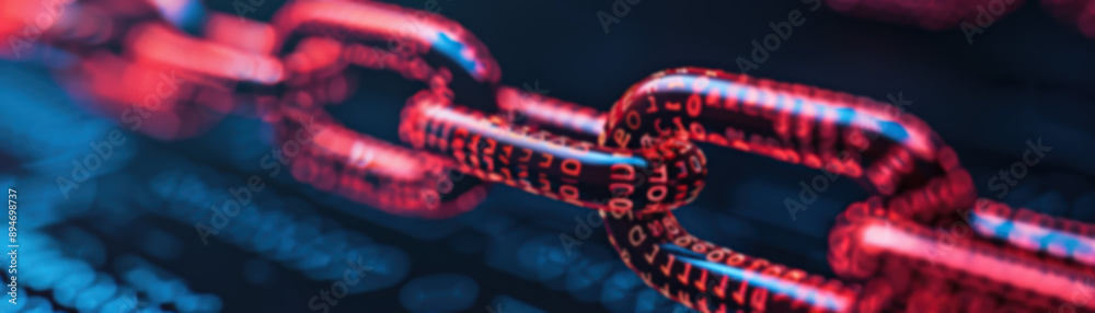 Poster close-up of a glowing red digital chain representing blockchain technology on a dark background with