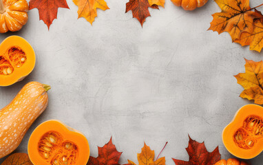 Autumn flat lay frame with pumpkins and colorful maple leaves on a light textured background, perfect for seasonal invitations or social media posts.