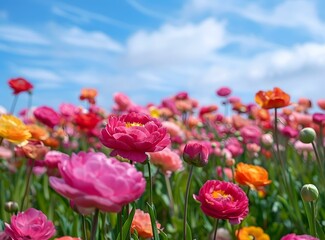 Colorful Ranunculus Flowers Field Under Blue Sky