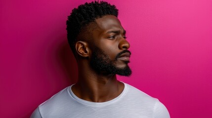 Obraz premium An African Man In A Crisp White Tee, Striking A Confident Pose Against A Bold Pink Wall