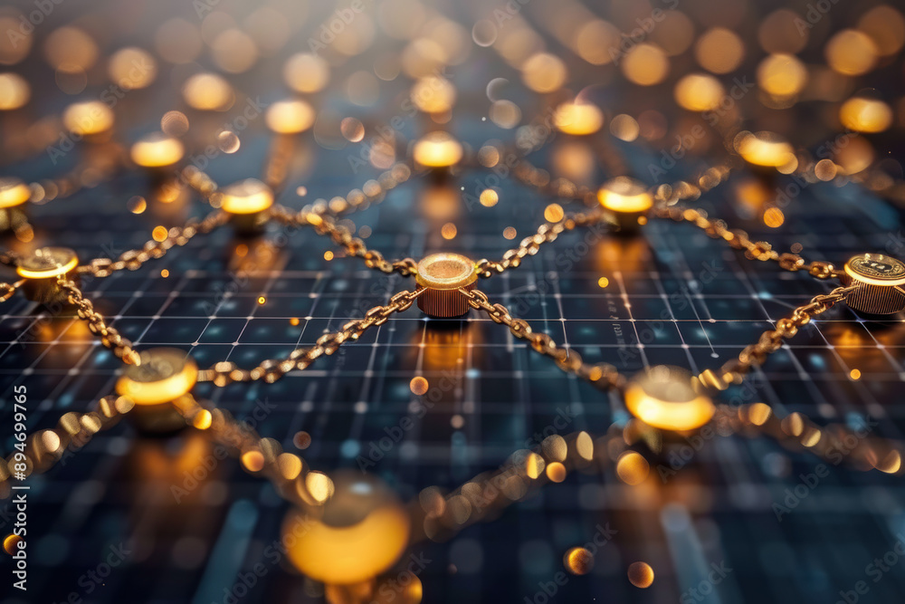 Aufkleber abstract network representation with golden nodes connected by chains on a grid background, symboliz