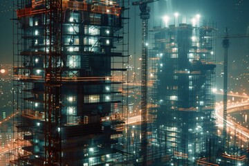 Skyscraper Construction Site. A skyscraper under construction, with towering cranes and scaffolding lit by powerful work lights. The city's lights twinkle in the background.