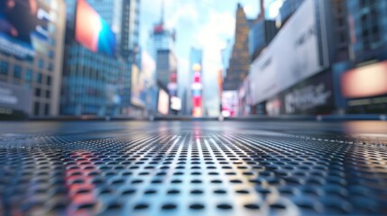 A close-up of a metal grate in a busy city street with blurred buildings and signage in the background.