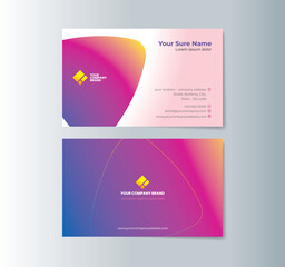 A set of horizontal double-sided business card template designs with Illustration of purple rounded triangles overlapping with white gradient background.
