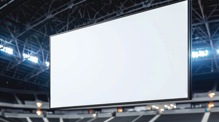 Large blank digital screen in a modern indoor stadium, perfect for advertising, events, or sports broadcasts. Bright spotlights illuminate the scene.