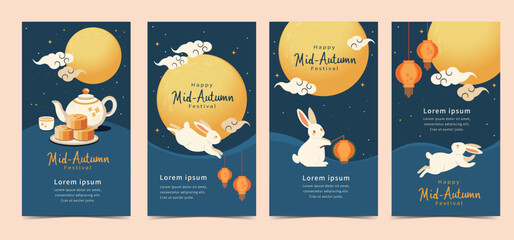 A set of Mid-Autumn Festival template designs with cute cartoon rabbits, delicious mooncakes, and a full moon. Vector illustrations.  Chinese translation: Moon Festival.