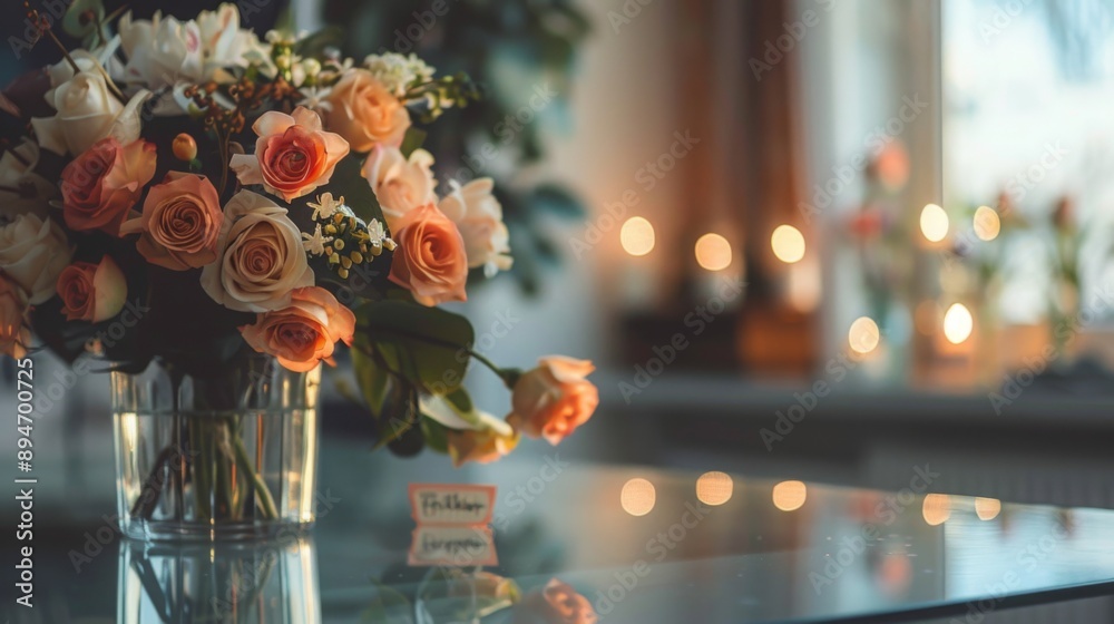 Aufkleber a bouquet of pink and white roses sits in a glass vase on a clear glass table. the background featur