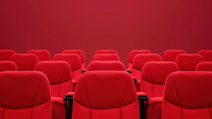 Obraz premium Empty red theater or cinema seats against a red background, ready for the next audience. Perfect for entertainment or event themes.