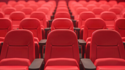 Fototapeta premium Empty rows of vibrant red theater seats ready for an audience. Perfect for cinema, entertainment, and performance-related themes.