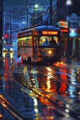 Obraz premium A classic streetcar making its way through a rain-soaked city street at night. Reflections of neon signs and streetlights shimmer on the wet pavement