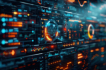 Futuristic interface with holographic displays and digital data streams, evoking advanced technology and innovation in a vibrant, dynamic environment.