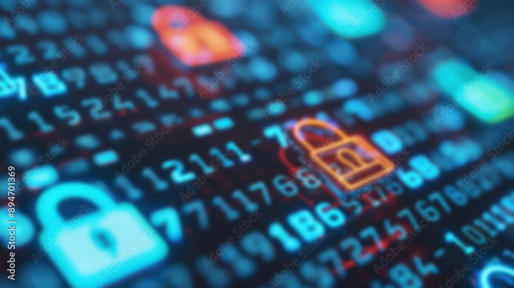 Poster blurry depiction of digital locks and binary code symbolizing cybersecurity, data protection, and se